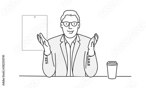 Businessman in glasses with coffee on the table lead videoconference.