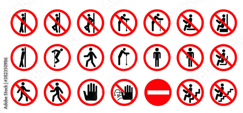 Caution signboard, Safety icon. Do not lean on door, glass, wall, gate or railing. Don’t sit here on stairs or climp. Vector stickman climb, Signs for climbing on balustradeor barrier. Do not enter