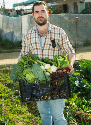 Portrait of smiling gardener with freshly harvested greens and vegetables in homestead © JackF