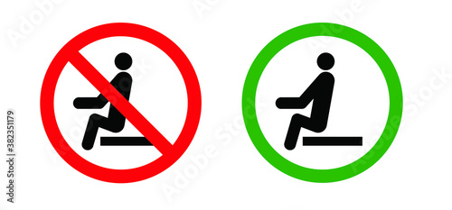 Caution signboard, Safety icon. Do not lean on door, glass, wall, gate or railing. Don’t sit here on stairs or climp. Vector stickman climb, Signs for climbing on balustradeor barrier. Do not enter