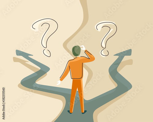 Confused abstract man at crossroads before important choice (correct decision choosing) - vector illustration for business concept or political election