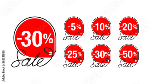 Sale sticker in rounded rope tag form and different percentage - 5, 10, 20, 25, 30 and 50 percents