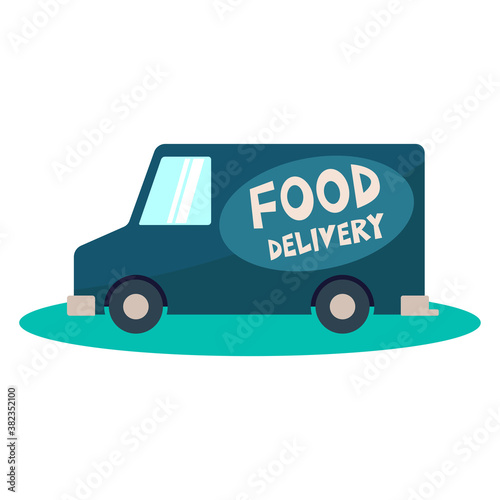 Food delivery van icon. Side view. Colored silhouette. Vector flat graphic illustration. The isolated object on a white background. Isolate.