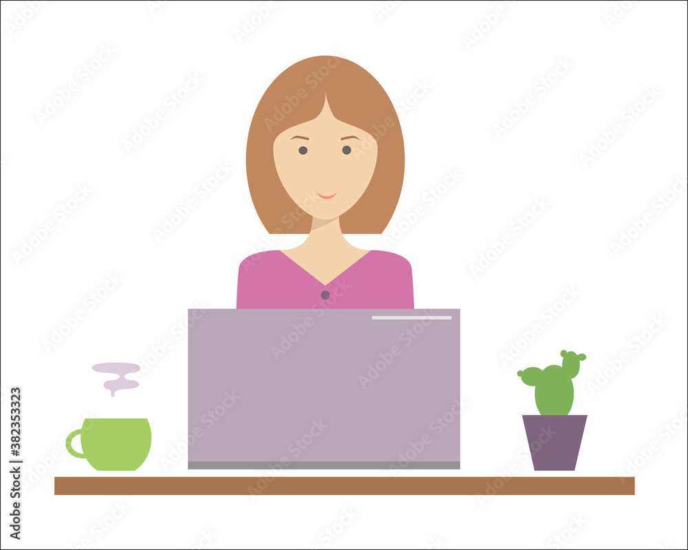 Girl with laptop. Computer work. Flat vector illustration on white background. Girl with laptop. Computer work. Flat vector illustration on white background.