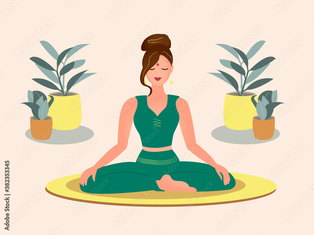 Young woman practicing yoga meditation on the mat at home. Trendy flat vector illustration.
