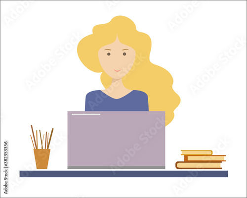 Girl with laptop. Computer work. Flat vector illustration on white background.
