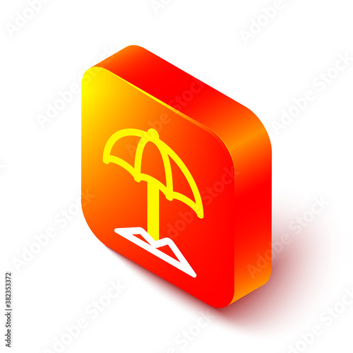 Isometric line Sun protective umbrella for beach icon isolated on white background. Large parasol for outdoor space. Beach umbrella. Orange square button. Vector Illustration.