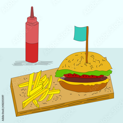 Vegan burger with beetroot cutlet and French fries on a wooden board. Ketchup in a jar. Modern flat design.