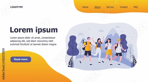 Happy tourists practicing mountain trekking. Hiking, backpacks, walking outdoors flat vector illustration. Adventure travel, outdoor tourism concept for banner, website design or landing web page