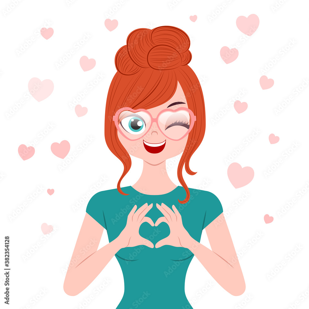 Young woman character wearing heart-shaped eyeglasses making a heart gesture with her fingers. Valentines day greeting card template Young woman character wearing heart-shaped eyeglasses making a heart gesture with her fingers. Valentines day greeting card template