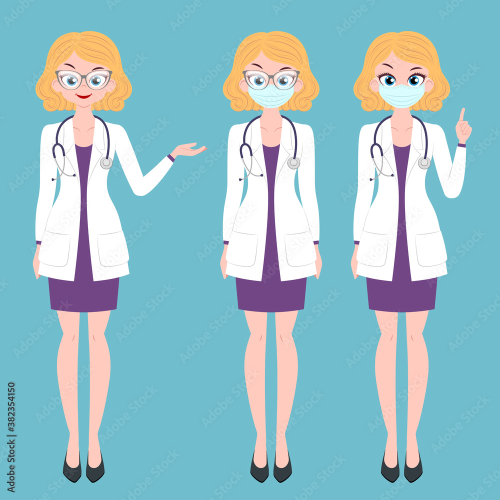 Young lady doctor character in different poses wearing medical mask with stethoscope Young lady doctor character in different poses wearing medical mask with stethoscope