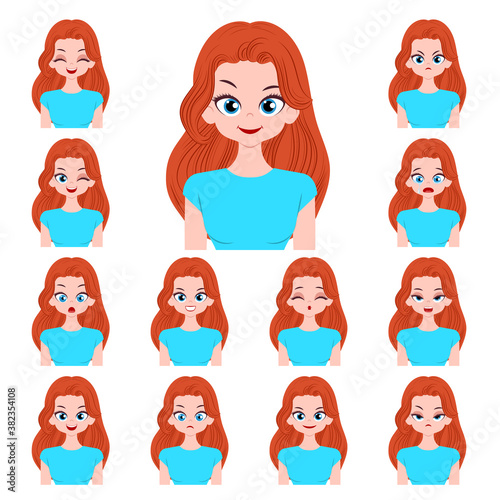 Set of different facial expressions of attractive young woman isolated on white background