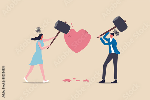 Marriage difficulties problem, divorce or violence or painful in broken relationship couple concept, angry couple husband and wife using big hammer to hit broken heart shape metaphor of family problem