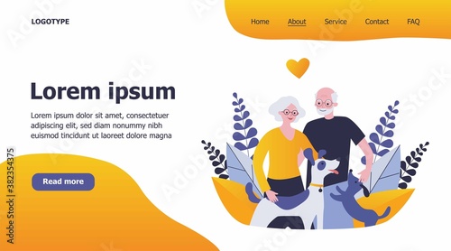 Happy senior couple with dogs. Family, pet, relationship flat vector illustration. Retirement and love concept for banner, website design or landing web page