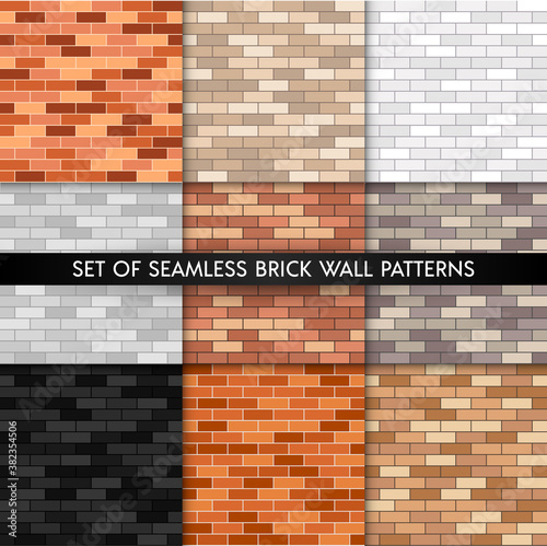 Vector brick wall seamless pattern set. Flat wall textures collection. Yellow...