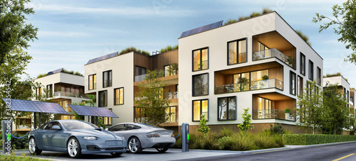 Canvas Print Modern residential buildings and electric cars