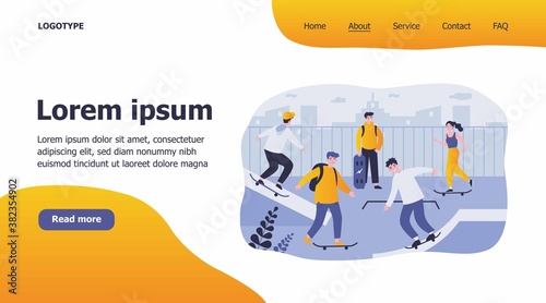 Teenage girls and guys enjoying skateboard activities. Young skateboarders practicing jumps in extreme skating park. Flat vector illustration for skatepark, active lifestyle, leisure, sport concept