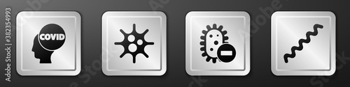 Set Corona virus covid-19, Virus, Negative virus and Virus icon. Silver square button. Vector.