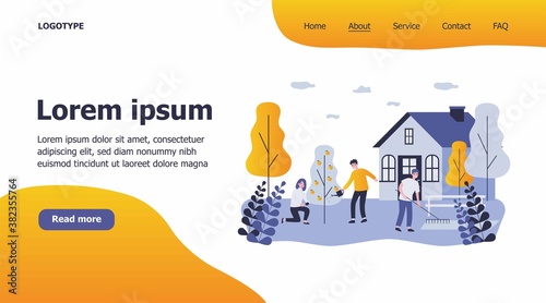 Happy people doing garden works. Watering apple tree, using rakes, country house flat vector illustration. Outdoor activity, gardening concept for banner, website design or landing web page