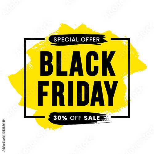 Black friday 30 percent off sale banner design with grunge brushstroke background. Social media template for flyer, poster, shopping, discount, web, promotion, advert. Vector illustration
