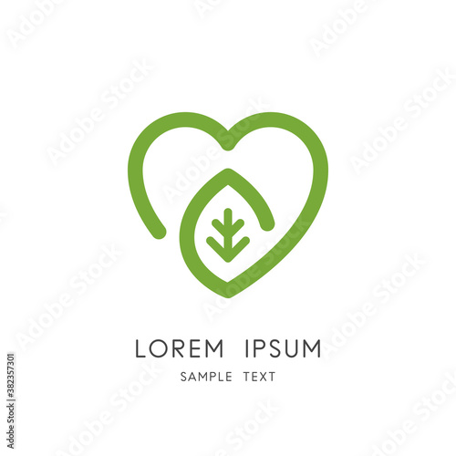Nature love logo - heart and green leaf symbol. Ecology and environment, health and herbal medicine vector icon.
