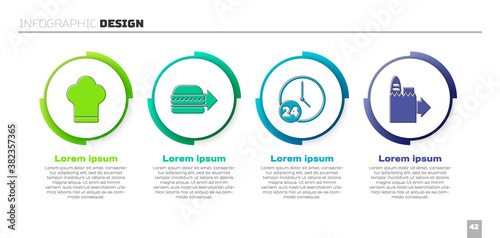 Set Chef hat, Online ordering burger delivery, Clock 24 hours and Online ordering and delivery. Business infographic template. Vector.