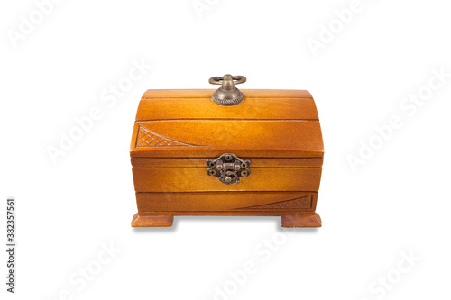 Wooden decorative vintage closed chest. Front view. Isolated on white background.