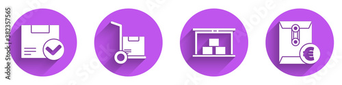 Set Package box with check mark, Hand truck and boxes, Warehouse and Envelope with euro symbol icon with long shadow. Vector.