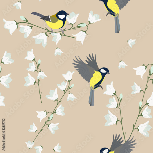 Vector seamless illustration with field bells and titmouse