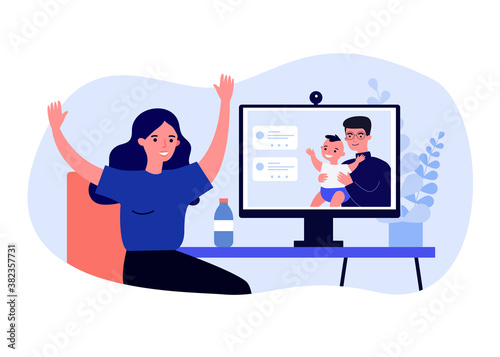 Woman talking to husband and baby through video call. New mom, chat, webcam flat vector illustration. Family, communication concept for banner, website design or landing web page