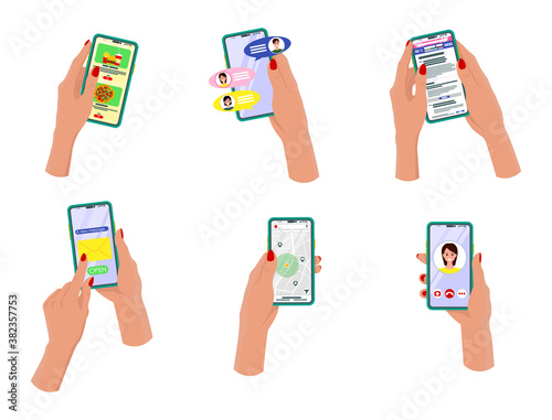 Set of Hands with phones. Hands holding smartphone. People chatting. 