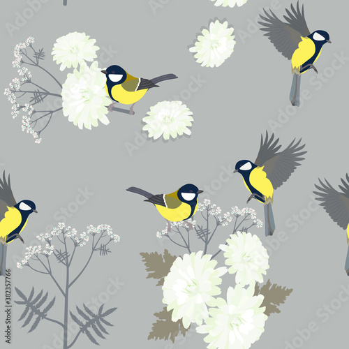 Seamless vector illustration with chrysanthemums and titmouse