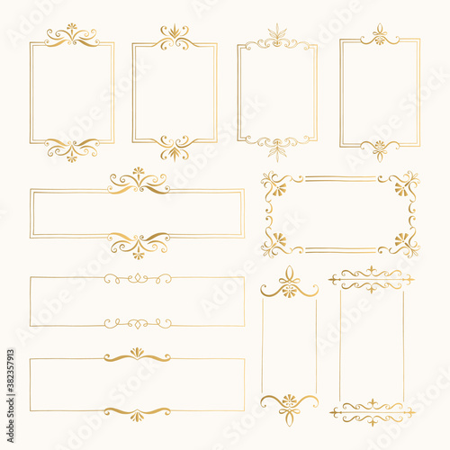 Set of vintage hand drawn frames. Golden rectangle borders. Vector isolated illustration.