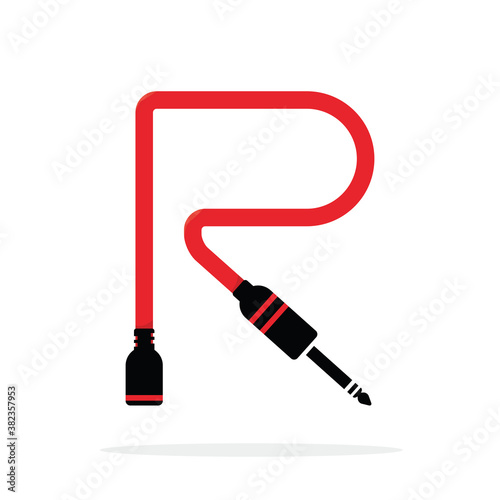 Alphabet R letter logo formed by jack cable or wire. Vector design template elements for your audio, sound or music application or corporate identity. Sign or symbol illustration isolated on white