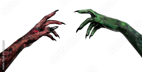 Scary monsters on white background, closeup of hands. Halloween characters © New Africa