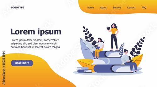 People reading books. Students studying textbook, doing homework. Vector illustration for literature, library, learning at home, education, knowledge concept