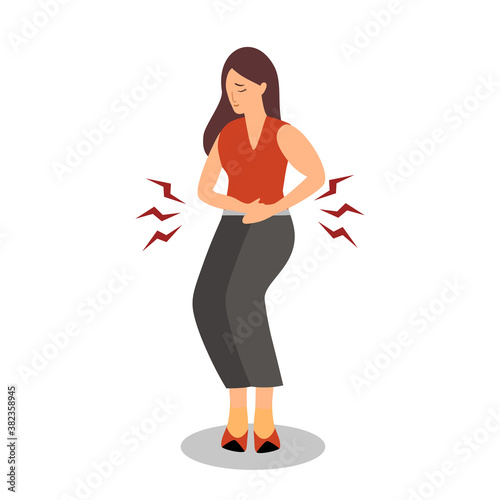 Woman feel pain in stomach concept vector illustration on white background. Diarrhea or constipation. Abdomen disease and illness. Period pain in flat design.