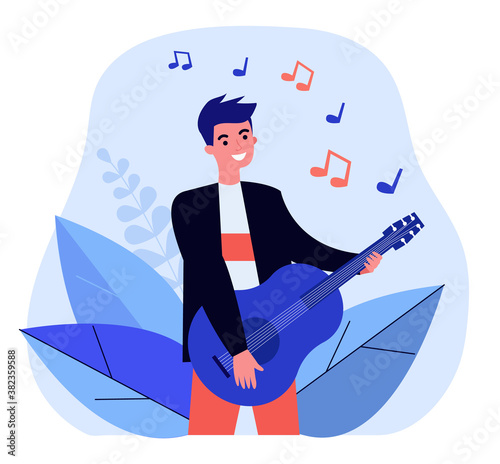 Happy guy playing guitar. Singer, musician, rocker flat vector illustration. Music, talent show, performance concert concept for banner, website design or landing web page