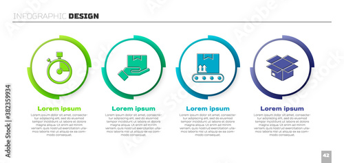 Set Fast time delivery, Delivery hand with boxes, Conveyor belt with cardboard box and Carton cardboard box. Business infographic template. Vector.