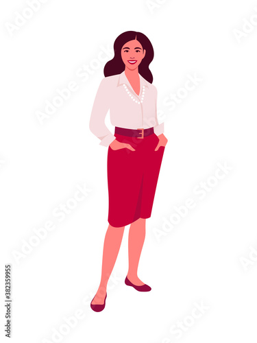 Portrait of an elegant woman stands full-length on a white background. Popular professions. Vector flat illustration