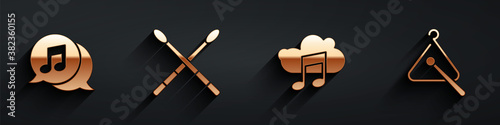 Set Musical note in speech bubble, Drum sticks, Music streaming service and Triangle musical instrument icon with long shadow. Vector.