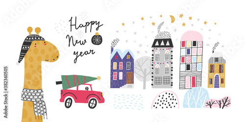 Winter set. Cute winter city with Christmas lights. Funny giraffe wearing a hat and knitted scarf. Red car driven by a Christmas fir.