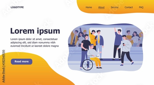 Handicapped guy and his helper travelling by subway train. Help, city transport, wheelchair flat vector illustration. Disabled people support concept for banner, website design or landing web page