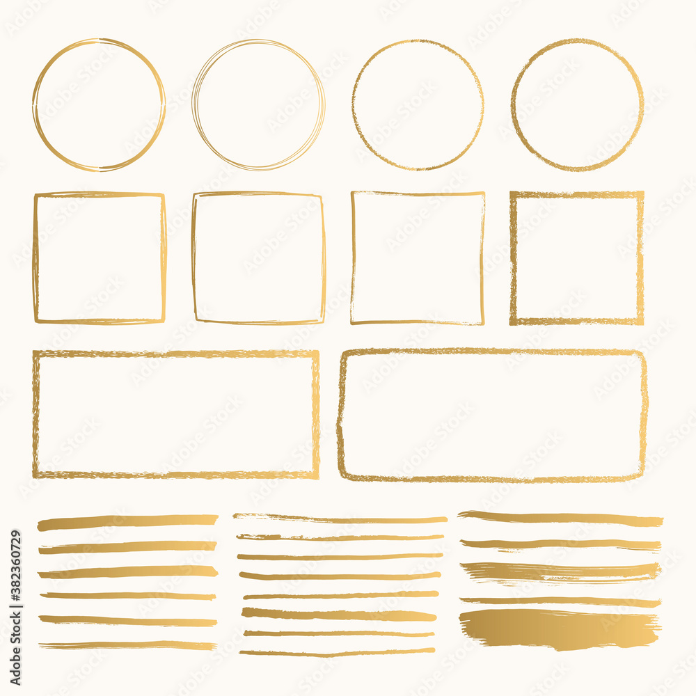 Set of golden hand drawn doodle pencil scribbles and frames. Handmade texture. Glitter shapes with rough edges. Vector isolated illustration.