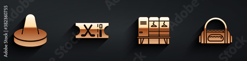Set Mallet for playing air hockey, Hockey sports ticket, Locker or changing room and Sport bag icon with long shadow. Vector.