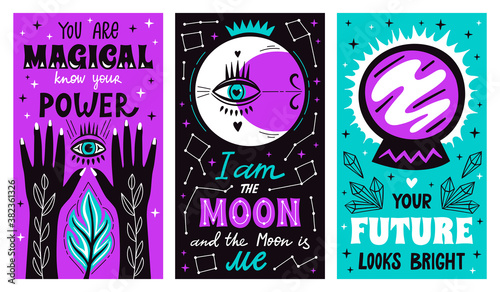 Magic mystical witch lettering posters with witchcraft hand drawn arms, moon, stars and future symbol. Vector illustration