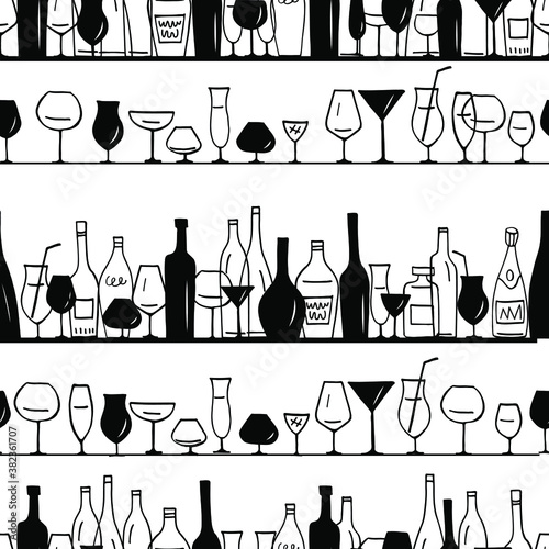 Seamless graphic pattern with stylized alcohol bottles and wine glasses. Black and white. photo