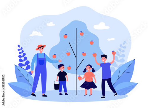 Man and kids picking apples in garden. Dad, children, tree, orchard flat vector illustration. Autumn, harvest season, farming concept for banner, website design or landing web page