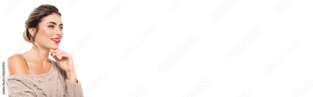panoramic orientation of joyful woman in stylish sweater holding hand near chin isolated on white panoramic orientation of joyful woman in stylish sweater holding hand near chin isolated on white