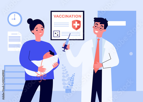Mom with baby visiting doctor for vaccination. Pediatrician, hospital, covid poster flat vector illustration. Coronavirus prevention, healthcare concept for banner, website design or landing web page